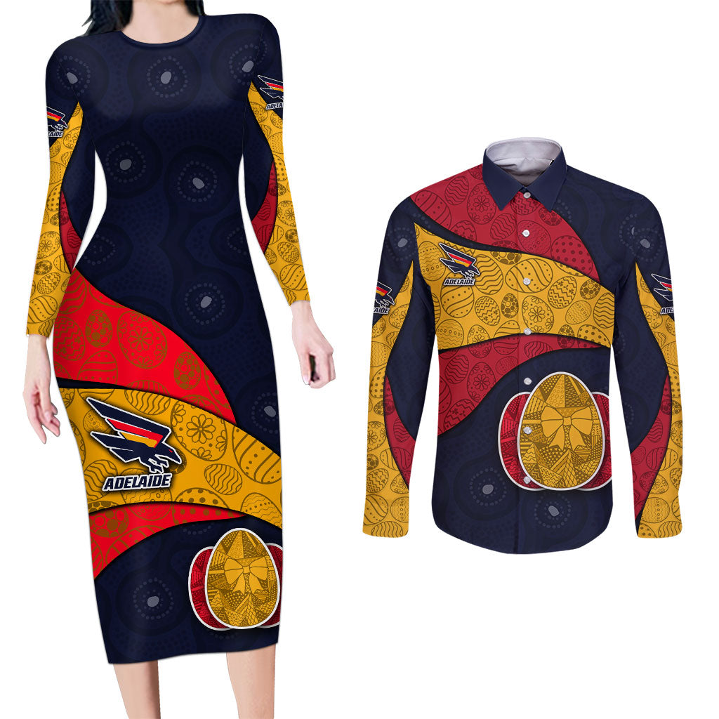 Personalized Adelaide Football Couples Matching Long Sleeve Bodycon Dress and Long Sleeve Button Shirt Easter Egg Pattern Red Blue Tribal Dot Art Style