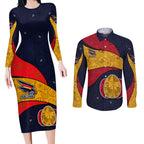 Personalized Adelaide Football Couples Matching Long Sleeve Bodycon Dress and Long Sleeve Button Shirt Easter Egg Pattern Red Blue Tribal Dot Art Style