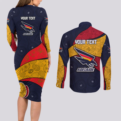Personalized Adelaide Football Couples Matching Long Sleeve Bodycon Dress and Long Sleeve Button Shirt Easter Egg Pattern Red Blue Tribal Dot Art Style