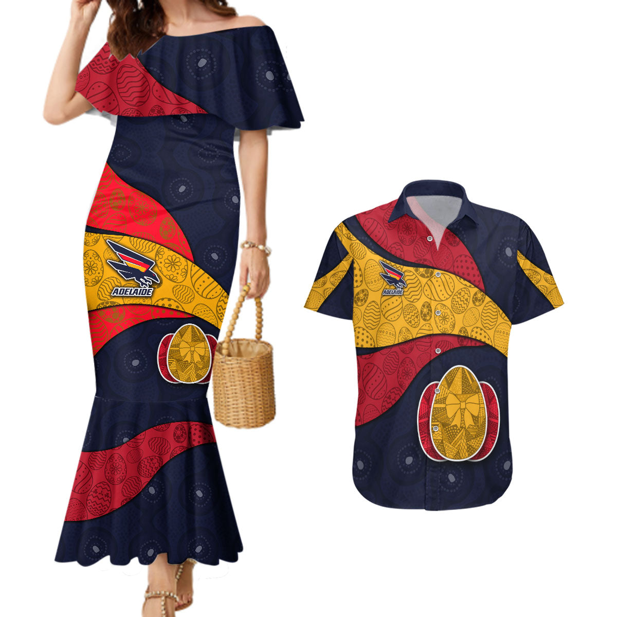 Personalized Adelaide Football Couples Matching Mermaid Dress and Hawaiian Shirt Easter Egg Pattern Red Blue Tribal Dot Art Style