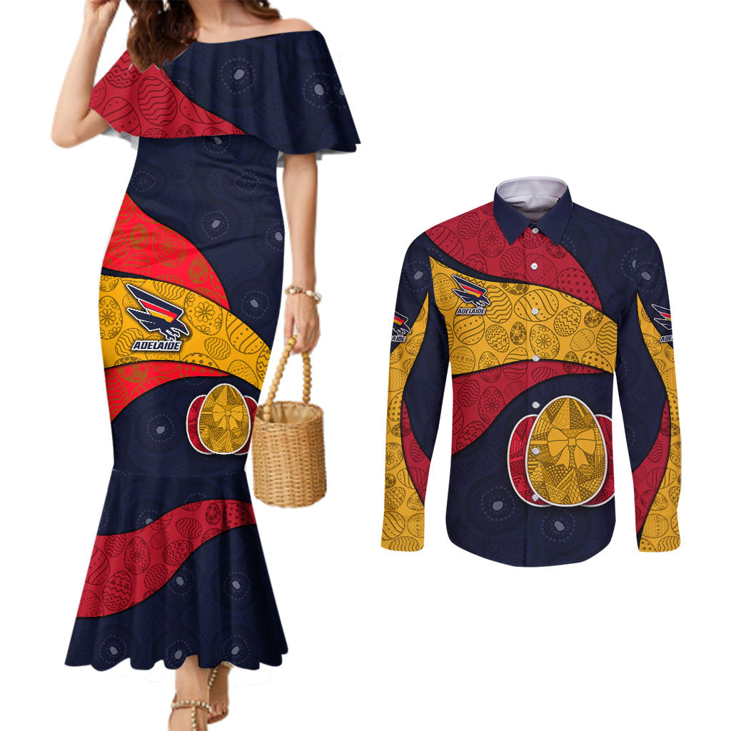 Personalized Adelaide Football Couples Matching Mermaid Dress and Long Sleeve Button Shirt Easter Egg Pattern Red Blue Tribal Dot Art Style