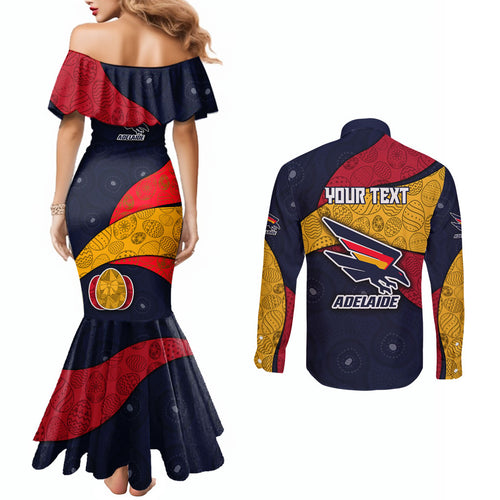 Personalized Adelaide Football Couples Matching Mermaid Dress and Long Sleeve Button Shirt Easter Egg Pattern Red Blue Tribal Dot Art Style
