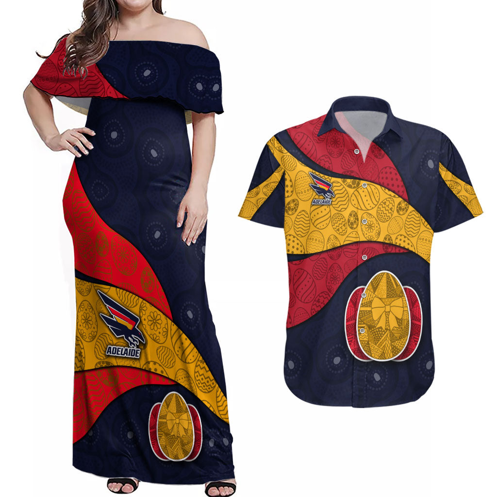Personalized Adelaide Football Couples Matching Off Shoulder Maxi Dress and Hawaiian Shirt Easter Egg Pattern Red Blue Tribal Dot Art Style