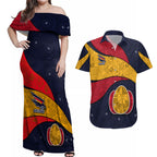 Personalized Adelaide Football Couples Matching Off Shoulder Maxi Dress and Hawaiian Shirt Easter Egg Pattern Red Blue Tribal Dot Art Style