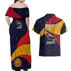 Personalized Adelaide Football Couples Matching Off Shoulder Maxi Dress and Hawaiian Shirt Easter Egg Pattern Red Blue Tribal Dot Art Style