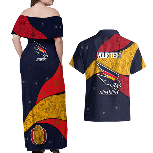 Personalized Adelaide Football Couples Matching Off Shoulder Maxi Dress and Hawaiian Shirt Easter Egg Pattern Red Blue Tribal Dot Art Style