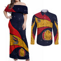 Personalized Adelaide Football Couples Matching Off Shoulder Maxi Dress and Long Sleeve Button Shirt Easter Egg Pattern Red Blue Tribal Dot Art Style