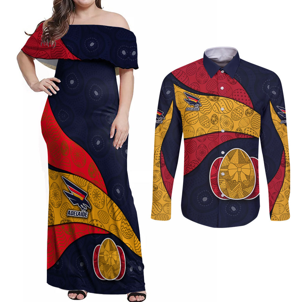 Personalized Adelaide Football Couples Matching Off Shoulder Maxi Dress and Long Sleeve Button Shirt Easter Egg Pattern Red Blue Tribal Dot Art Style