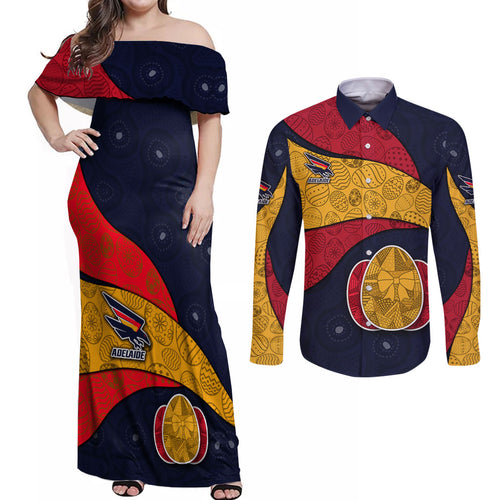 Personalized Adelaide Football Couples Matching Off Shoulder Maxi Dress and Long Sleeve Button Shirt Easter Egg Pattern Red Blue Tribal Dot Art Style