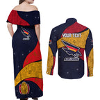 Personalized Adelaide Football Couples Matching Off Shoulder Maxi Dress and Long Sleeve Button Shirt Easter Egg Pattern Red Blue Tribal Dot Art Style