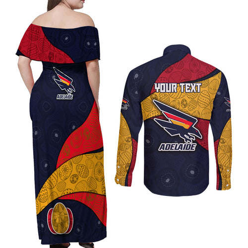 Personalized Adelaide Football Couples Matching Off Shoulder Maxi Dress and Long Sleeve Button Shirt Easter Egg Pattern Red Blue Tribal Dot Art Style