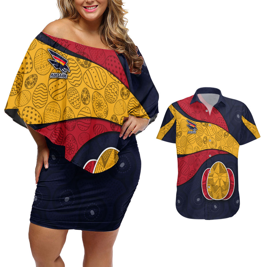 Personalized Adelaide Football Couples Matching Off Shoulder Short Dress and Hawaiian Shirt Easter Egg Pattern Red Blue Tribal Dot Art Style