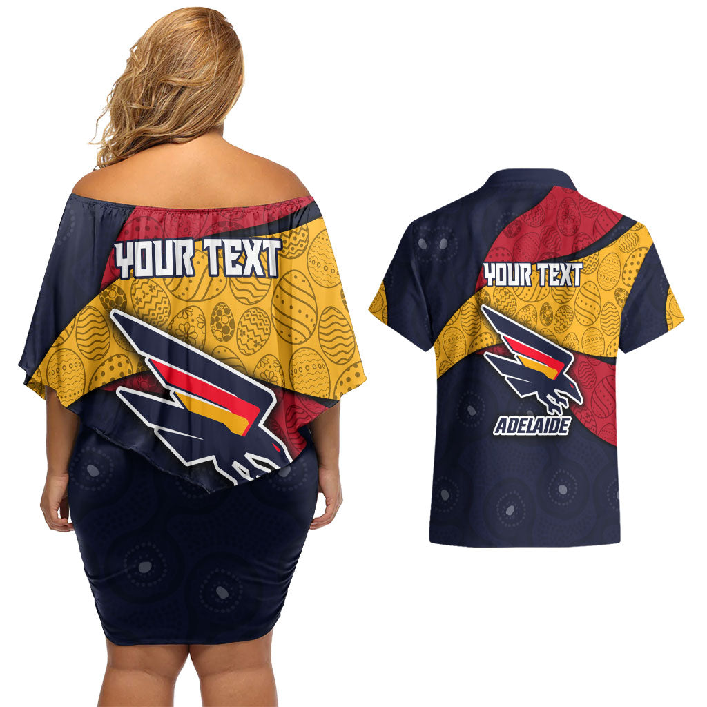Personalized Adelaide Football Couples Matching Off Shoulder Short Dress and Hawaiian Shirt Easter Egg Pattern Red Blue Tribal Dot Art Style