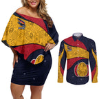 Personalized Adelaide Football Couples Matching Off Shoulder Short Dress and Long Sleeve Button Shirt Easter Egg Pattern Red Blue Tribal Dot Art Style