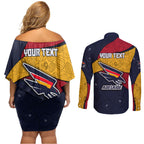 Personalized Adelaide Football Couples Matching Off Shoulder Short Dress and Long Sleeve Button Shirt Easter Egg Pattern Red Blue Tribal Dot Art Style