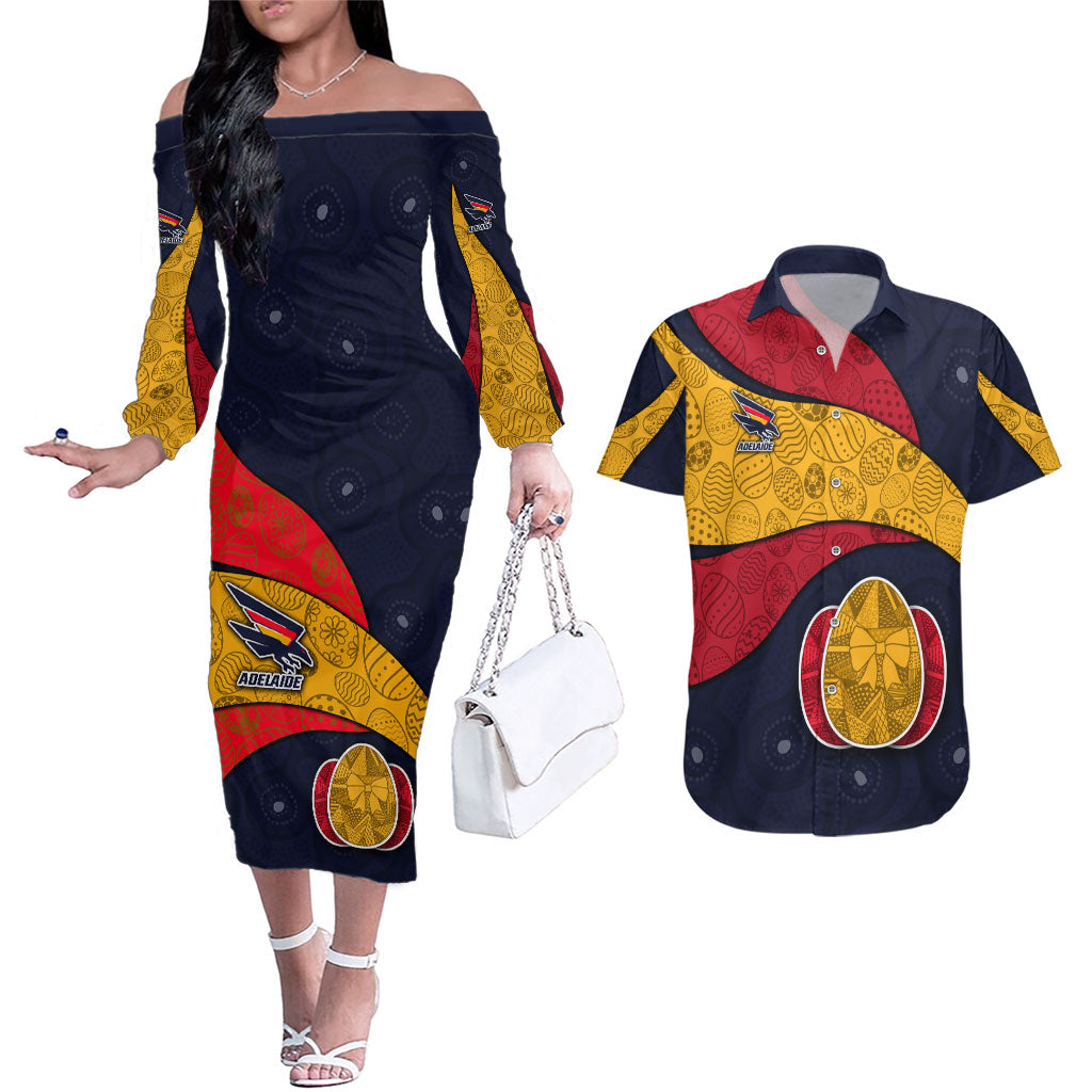 Personalized Adelaide Football Couples Matching Off The Shoulder Long Sleeve Dress and Hawaiian Shirt Easter Egg Pattern Red Blue Tribal Dot Art Style