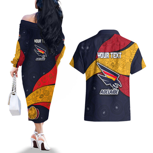 Personalized Adelaide Football Couples Matching Off The Shoulder Long Sleeve Dress and Hawaiian Shirt Easter Egg Pattern Red Blue Tribal Dot Art Style