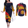 Personalized Adelaide Football Couples Matching Off The Shoulder Long Sleeve Dress and Long Sleeve Button Shirt Easter Egg Pattern Red Blue Tribal Dot Art Style
