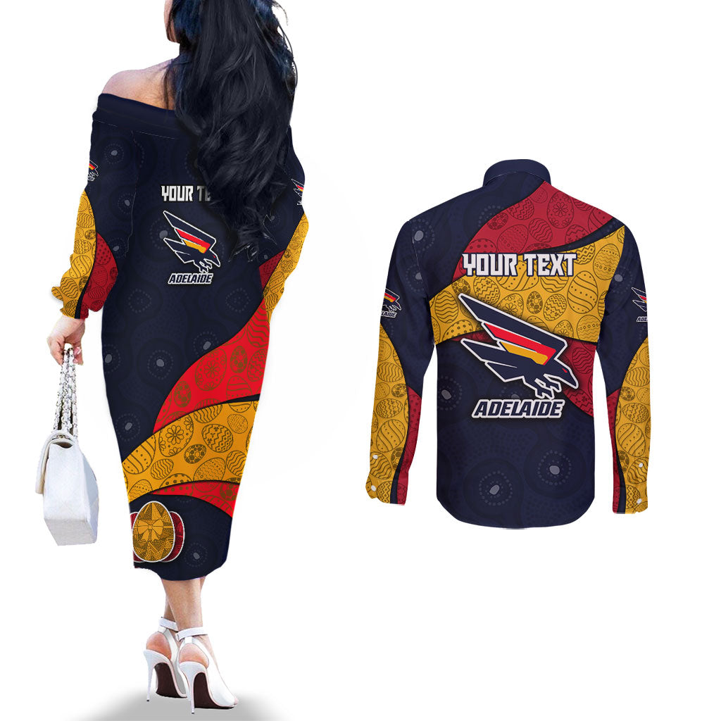 Personalized Adelaide Football Couples Matching Off The Shoulder Long Sleeve Dress and Long Sleeve Button Shirt Easter Egg Pattern Red Blue Tribal Dot Art Style