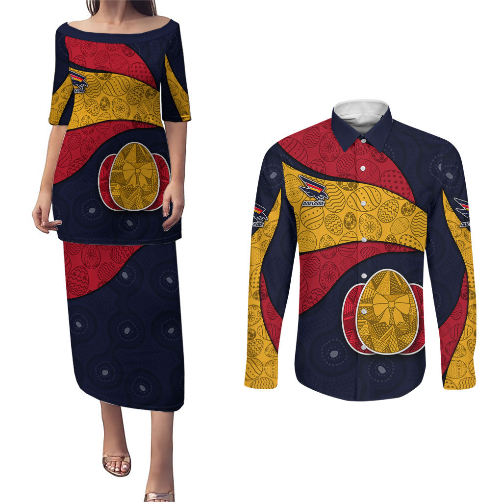 Personalized Adelaide Football Couples Matching Puletasi and Long Sleeve Button Shirt Easter Egg Pattern Red Blue Tribal Dot Art Style