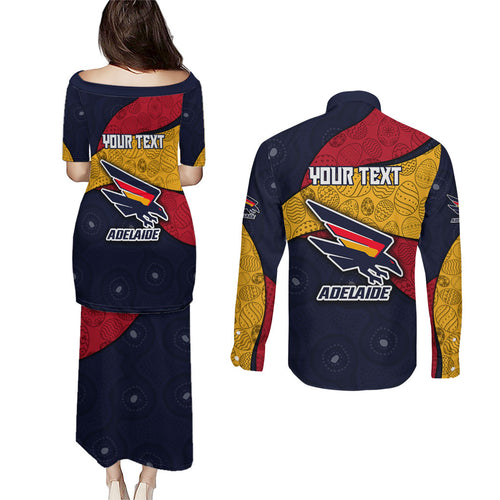 Personalized Adelaide Football Couples Matching Puletasi and Long Sleeve Button Shirt Easter Egg Pattern Red Blue Tribal Dot Art Style