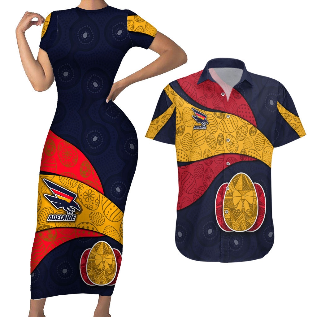 Personalized Adelaide Football Couples Matching Short Sleeve Bodycon Dress and Hawaiian Shirt Easter Egg Pattern Red Blue Tribal Dot Art Style