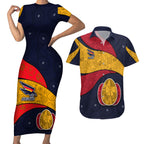 Personalized Adelaide Football Couples Matching Short Sleeve Bodycon Dress and Hawaiian Shirt Easter Egg Pattern Red Blue Tribal Dot Art Style