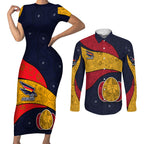 Personalized Adelaide Football Couples Matching Short Sleeve Bodycon Dress and Long Sleeve Button Shirt Easter Egg Pattern Red Blue Tribal Dot Art Style
