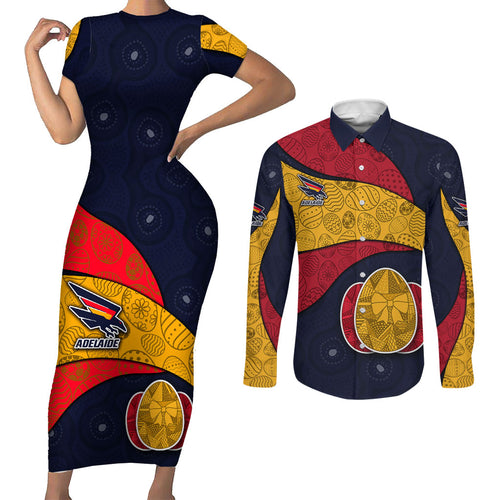 Personalized Adelaide Football Couples Matching Short Sleeve Bodycon Dress and Long Sleeve Button Shirt Easter Egg Pattern Red Blue Tribal Dot Art Style