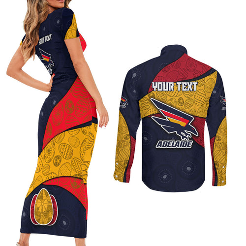 Personalized Adelaide Football Couples Matching Short Sleeve Bodycon Dress and Long Sleeve Button Shirt Easter Egg Pattern Red Blue Tribal Dot Art Style