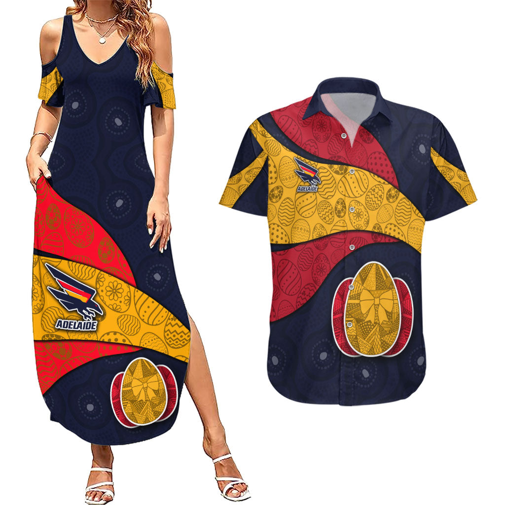 Personalized Adelaide Football Couples Matching Summer Maxi Dress and Hawaiian Shirt Easter Egg Pattern Red Blue Tribal Dot Art Style