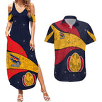 Personalized Adelaide Football Couples Matching Summer Maxi Dress and Hawaiian Shirt Easter Egg Pattern Red Blue Tribal Dot Art Style