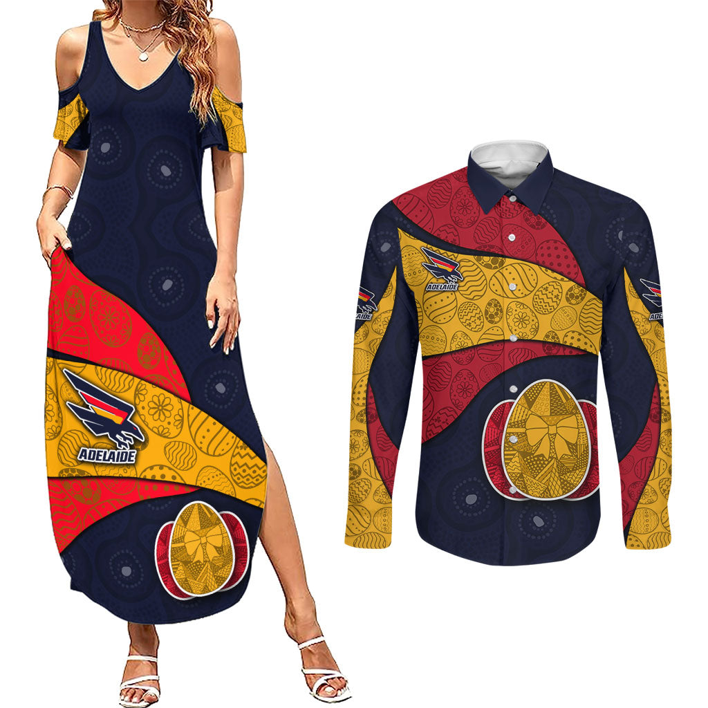 Personalized Adelaide Football Couples Matching Summer Maxi Dress and Long Sleeve Button Shirt Easter Egg Pattern Red Blue Tribal Dot Art Style