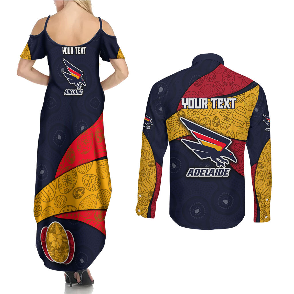 Personalized Adelaide Football Couples Matching Summer Maxi Dress and Long Sleeve Button Shirt Easter Egg Pattern Red Blue Tribal Dot Art Style