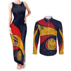 Personalized Adelaide Football Couples Matching Tank Maxi Dress and Long Sleeve Button Shirt Easter Egg Pattern Red Blue Tribal Dot Art Style
