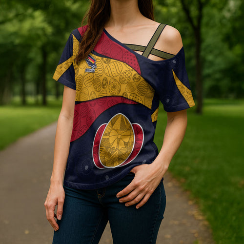 Personalized Adelaide Football Cross Shoulder Shirt Easter Egg Pattern Red Blue Tribal Dot Art Style