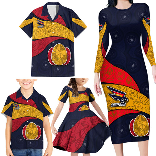 Personalized Adelaide Football Family Matching Long Sleeve Bodycon Dress and Hawaiian Shirt Easter Egg Pattern Red Blue Tribal Dot Art Style