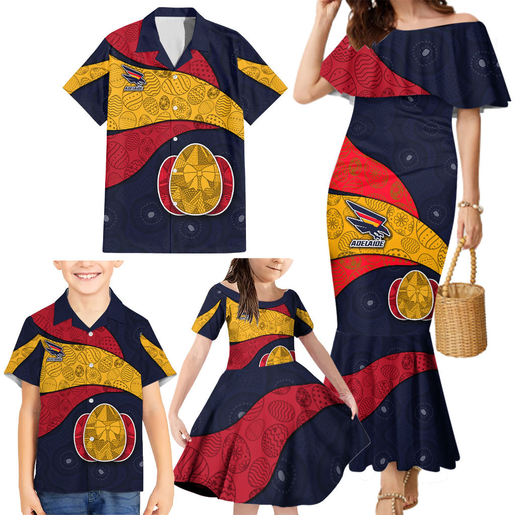 Personalized Adelaide Football Family Matching Mermaid Dress and Hawaiian Shirt Easter Egg Pattern Red Blue Tribal Dot Art Style