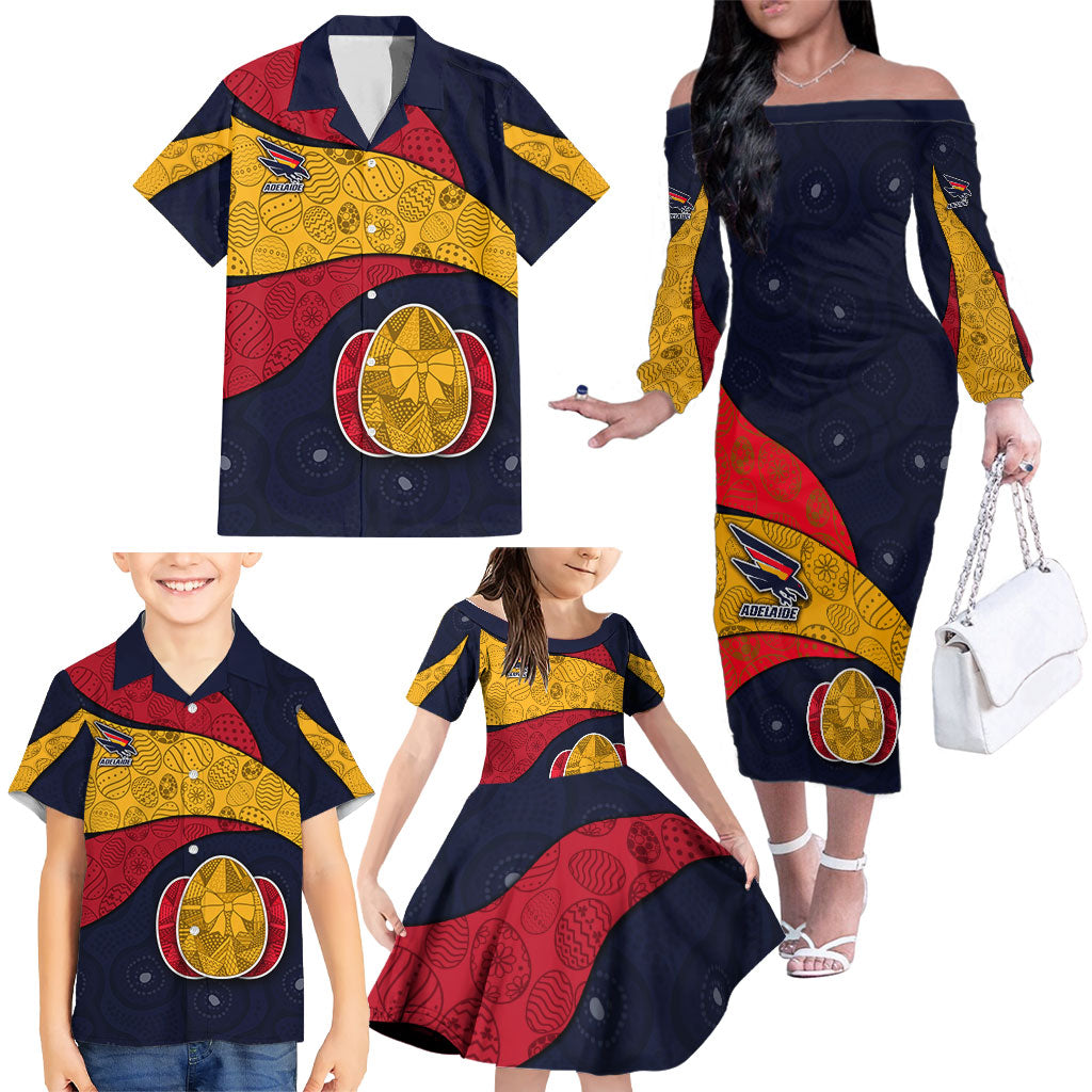 Personalized Adelaide Football Family Matching Off The Shoulder Long Sleeve Dress and Hawaiian Shirt Easter Egg Pattern Red Blue Tribal Dot Art Style