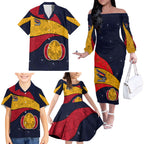 Personalized Adelaide Football Family Matching Off The Shoulder Long Sleeve Dress and Hawaiian Shirt Easter Egg Pattern Red Blue Tribal Dot Art Style