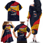 Personalized Adelaide Football Family Matching Off The Shoulder Long Sleeve Dress and Hawaiian Shirt Easter Egg Pattern Red Blue Tribal Dot Art Style