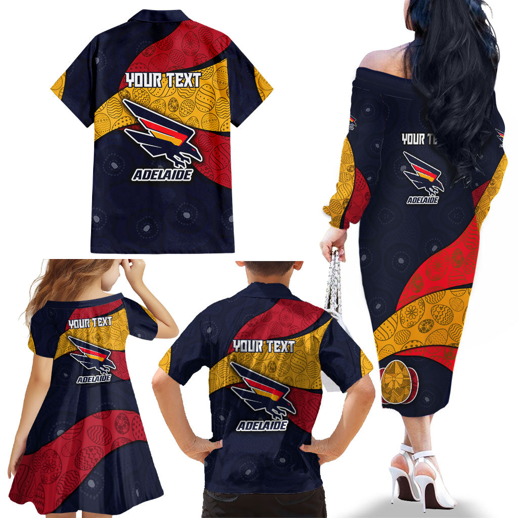 Personalized Adelaide Football Family Matching Off The Shoulder Long Sleeve Dress and Hawaiian Shirt Easter Egg Pattern Red Blue Tribal Dot Art Style