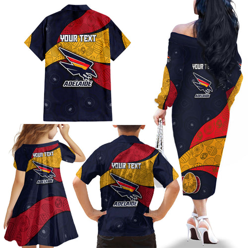 Personalized Adelaide Football Family Matching Off The Shoulder Long Sleeve Dress and Hawaiian Shirt Easter Egg Pattern Red Blue Tribal Dot Art Style