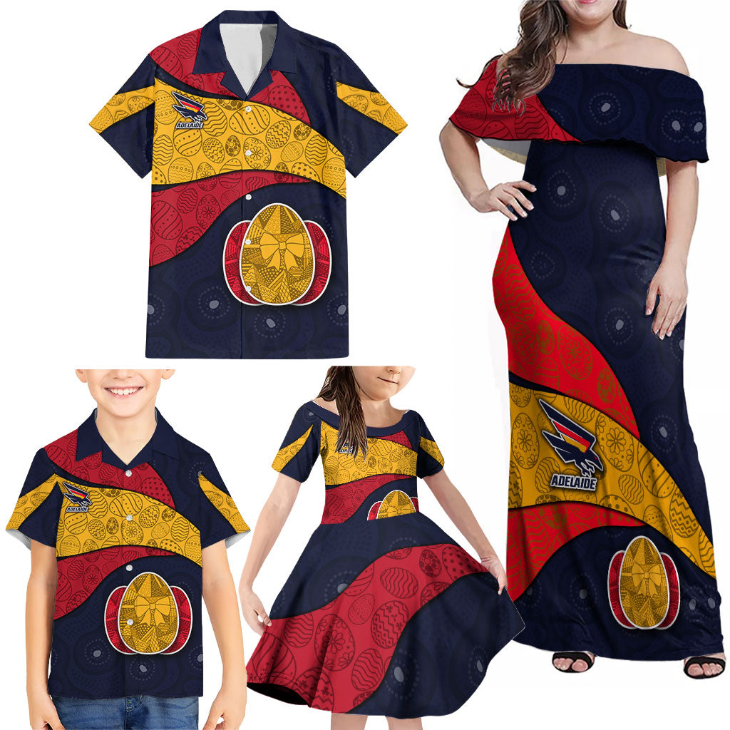 Personalized Adelaide Football Family Matching Off Shoulder Maxi Dress and Hawaiian Shirt Easter Egg Pattern Red Blue Tribal Dot Art Style