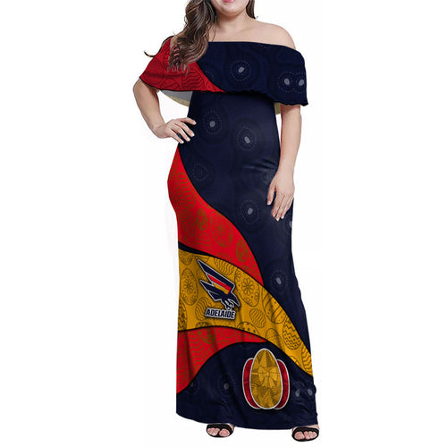 Personalized Adelaide Football Family Matching Off Shoulder Maxi Dress and Hawaiian Shirt Easter Egg Pattern Red Blue Tribal Dot Art Style