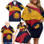 Personalized Adelaide Football Family Matching Off Shoulder Short Dress and Hawaiian Shirt Easter Egg Pattern Red Blue Tribal Dot Art Style