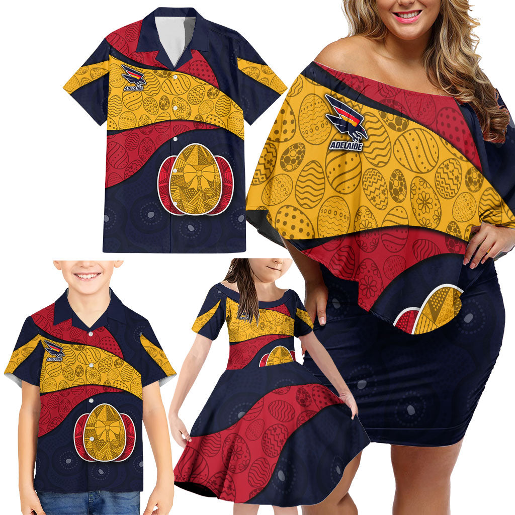 Personalized Adelaide Football Family Matching Off Shoulder Short Dress and Hawaiian Shirt Easter Egg Pattern Red Blue Tribal Dot Art Style