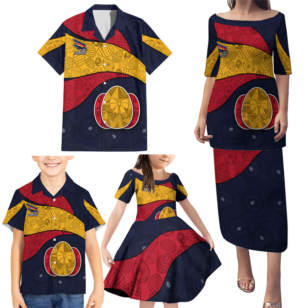Personalized Adelaide Football Family Matching Puletasi and Hawaiian Shirt Easter Egg Pattern Red Blue Tribal Dot Art Style