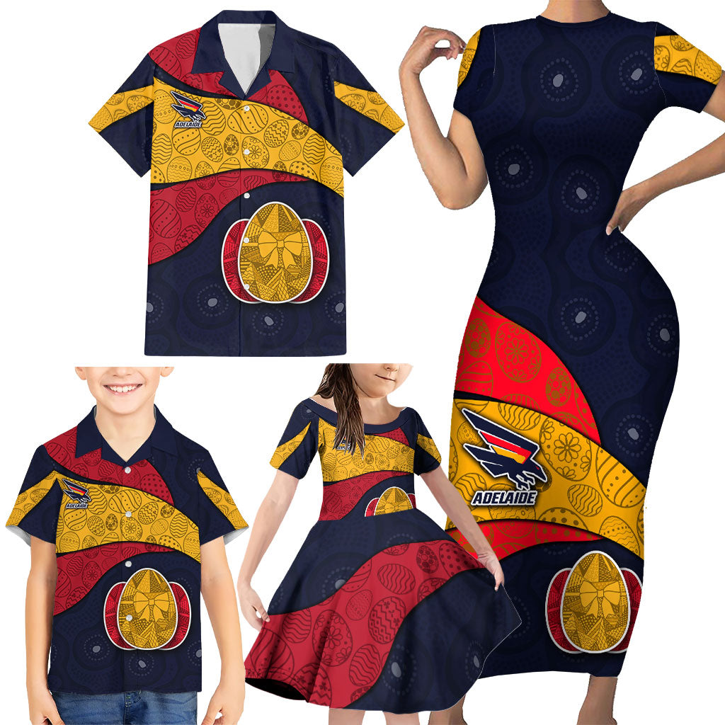 Personalized Adelaide Football Family Matching Short Sleeve Bodycon Dress and Hawaiian Shirt Easter Egg Pattern Red Blue Tribal Dot Art Style