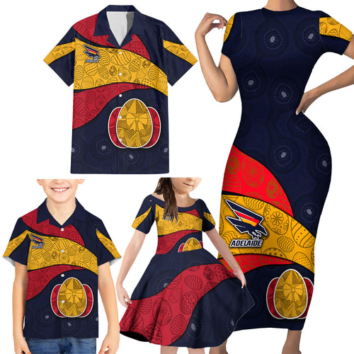 Personalized Adelaide Football Family Matching Short Sleeve Bodycon Dress and Hawaiian Shirt Easter Egg Pattern Red Blue Tribal Dot Art Style